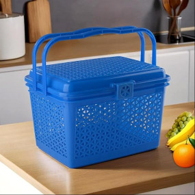 Heart Home Plastic Trendy Shopping Storage Basket with Handles|Small Bin for Shower|Closet, Kitchen, Garden (Blue)