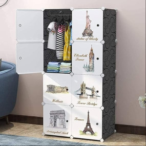 Owme Collapsible Wardrobe for Clothes - DIY 8 Cube Plastic Almirah for Clothes with Doors, Side Hanger, Foldable Wardrobe for Storage for Home | Storage Organizer for Clothes - Black