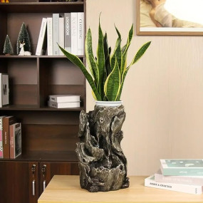 The Artment Mystic Canopy Rainforest Tree Trunk Shape Indoor Table Top Showpiece for Living Room, Office, Home Decor Waterfall Fountain with LED Lights | 14 Inch, Grey