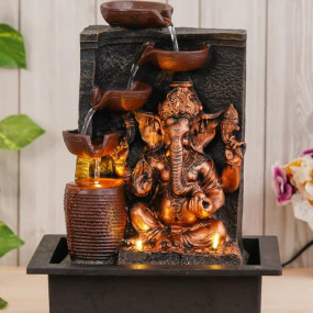 Chronikle Brown & Golden Idle Ganesha Table Top Indoor Water Fountain with 4 Steps Waterfall, LED Lights & Water Flow Controller Pump ( Size: 39 x 29.5 x 22 cm | Colour: Brown & Golden )