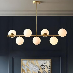 Twixle 7 Light Glass Globe Sputnik Chandelier - Modern Metal Ceiling Light Hanging Lamp Fixture - Golden Semi Flush Mount for Living Room, Dining Room, Bedroom (With Bulb)