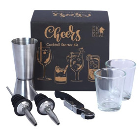 Ek Do Dhai Cocktail Set Food Grade Stainless Steel Bar Kit Bar Set for Home Martini Cocktail Shaker Jigger Liquor Pourers Spoon Fork Shot Glasses Bar Set for Gift 8pcs (EDD Cocktail Kit S 6 pcs)