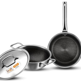 Kraft Futuretec Pro Stick Free Triply Stainless Steel Cookware Combo Set of 3 Pc | Kadai 2.4 L (22cm), Frypan 1.6 L (22cm) with Common Lid, Tri ply Induction, Gas cookware - 5 Year Warranty