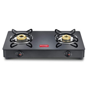 Prestige IRIS Toughened Glass-Top 2 Brass Burner LPG Gas Stove | Black | Spill Proof | Ergonomic Knobs | Tri-Pin Brass Burners |Open