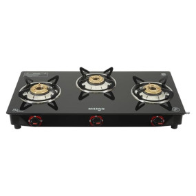 MILTON Premium 3 Burner Black Manual Ignition Glass Top Gas Stove, (ISI Certified)