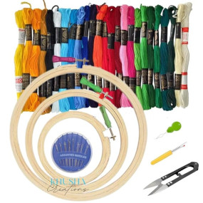 Embroidery Kit for Beginners with 3 Wooden Hoops (8", 6", 5"), 15 Color Threads, 20 Needles,1 Thread Cutter, 1 Seam Ripper 1 Threader – DIY Stitching & Needlework Set for Hand Embroidery & Hoop Art
