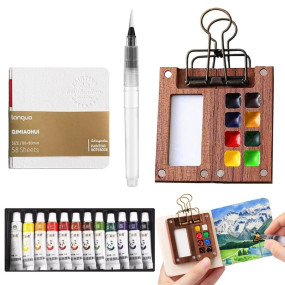 HASTHIP® Pocket Watercolor & Acrylic Paint Set, 12-Color 5ML Tubes, Mini 8-Grid Palette, Brush Pen, Portable Travel Sketching Kit with Drawing Book