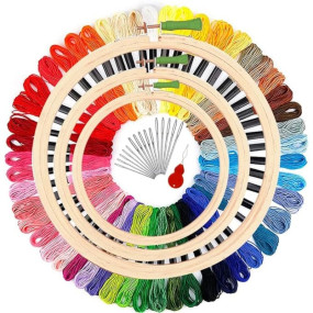 Desiderio Embroidery Material Kit for Beginners with 3pcs Wooden Embroidery Hoop (Size: 5”,6” and 8” Inches) 25pcs Multicolor Threads and 15pcs Needles, 1 Threaders Set 1 (Embroidery Kit)