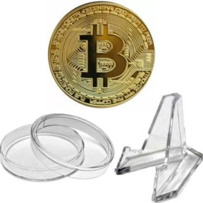 Mridshala Bitcoin with Plastic Stand and Cover, Crypto Currency Gold Colour Plated Real Metal 40MM Diameter