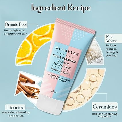 Glamveda Rice & Ceramide Korean Glass Skin Peel off Mask | Reduces Signs of Ageing | For Dry & Dull Skin Brightening & Even Tones Complexion | Peel off Face Mask for Men & Women | 60gm