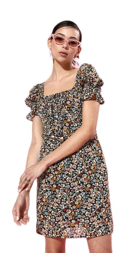 KASSUALLY Women's Casual Polyester Florals Square Puff Sleeves Dress (Peach)
