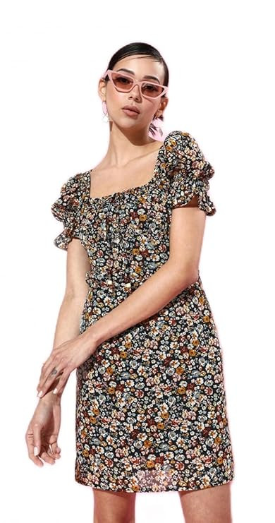 KASSUALLY Women's Casual Polyester Florals Square Puff Sleeves Dress (Peach)