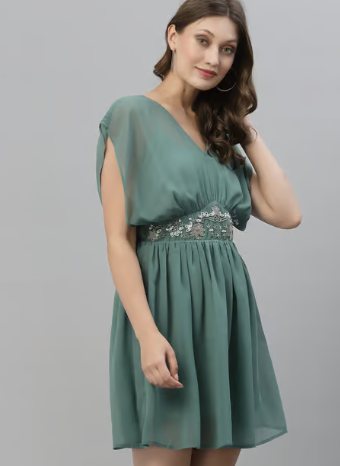 KASSUALLY Sea Green Embellished Fit & Flare Dress