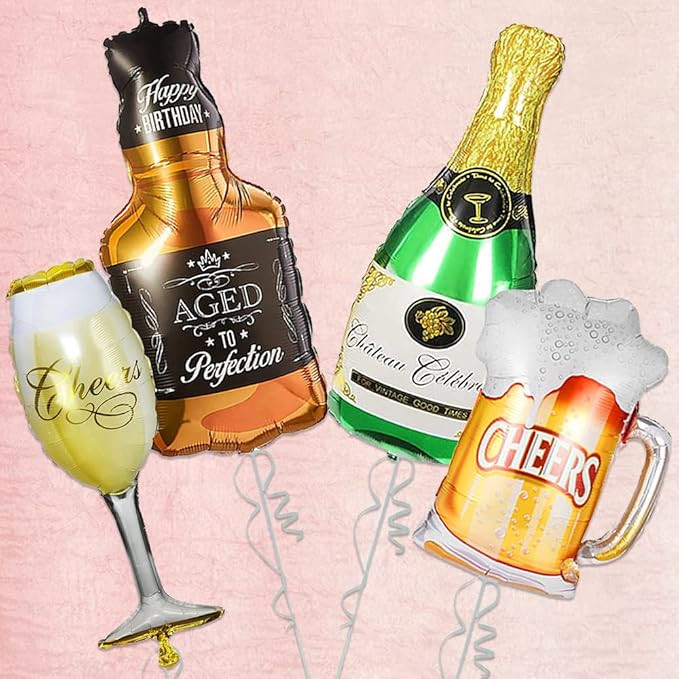 Party Propz Champagne Foil Balloons For Birthday - 4Pcs 32" Champagne Balloons For Decoration | Birthday Decoration Items for Men | Cheers Foil Balloon For Husband Wife | Birthday Decorations for Men