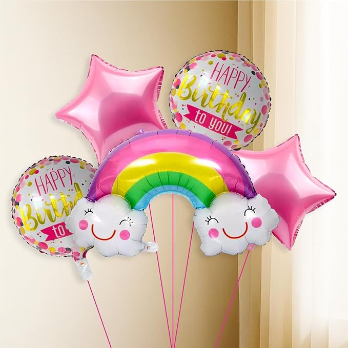 Party Propz Rainbow Theme Decoration For Birthday - Set of 5 Pcs Rainbow Balloon For Decoration Combo | Happy Birthday Foil Balloon | Star Foil Balloons For Decorations | Pink (Foil)