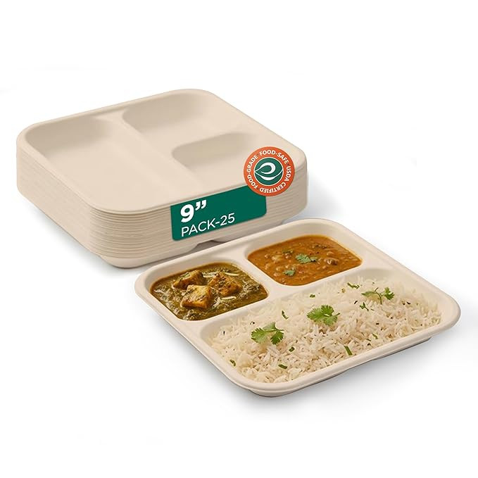 ECO SOUL | 3 Compartment Bagasse Meal Tray | 9 Inch - Pack of 25 | Disposable Plates Big Size | Eco-Friendly, Microwave Safe, & Leak-Resistant | Ideal for Serving Meals and Catering