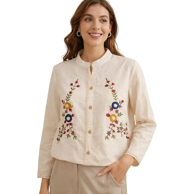 RIEKA Women's Off White Cotton Shirt with Multicolour Floral Embroidery Button Down Mandarin Collar Relaxed Fit Casual Wear Top (RS-TOP-64)