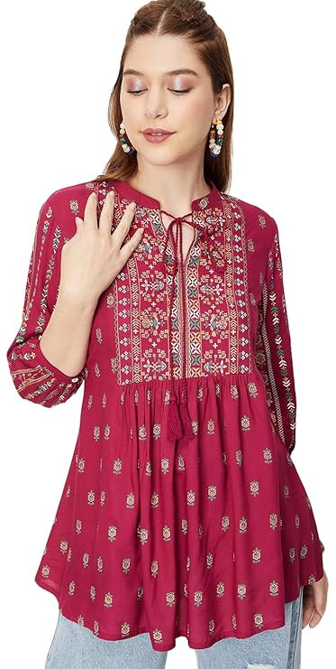 Max Women's Rayon Regular Fit Printed Tie-Up Neck Tunic