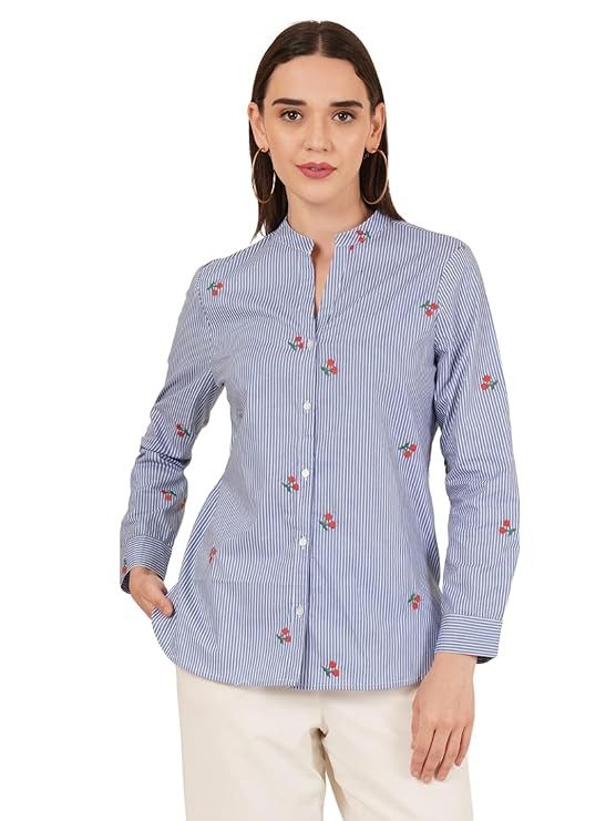 9 Impression Women's Cotton Casual Shirt Mandarin Collar Long Sleeves Semiformal Office Wear