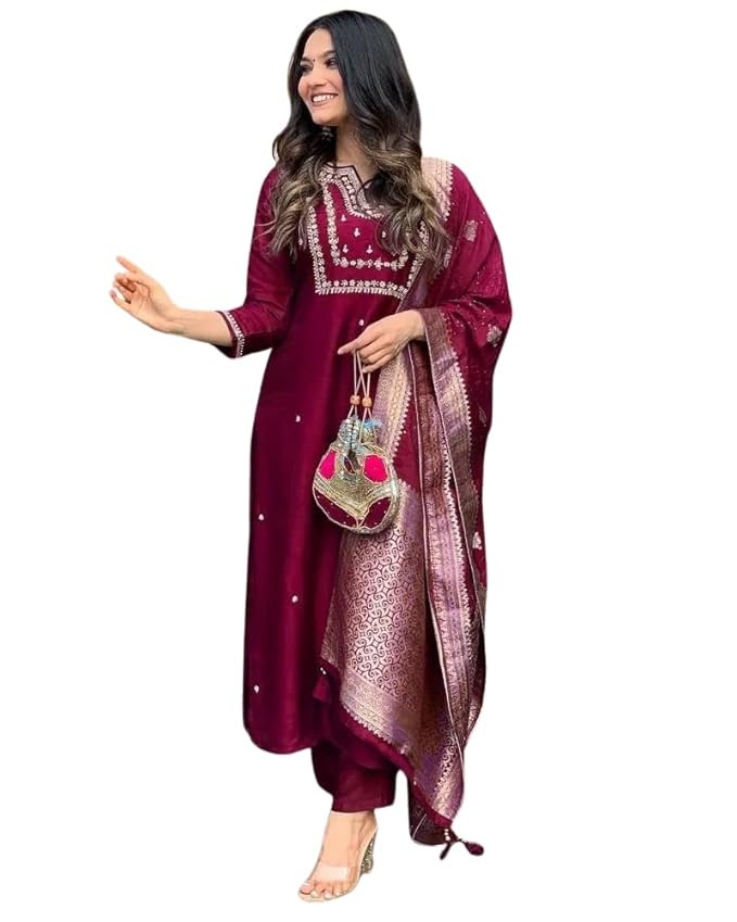 Rangoriva Women's Viscose Silk Heavy Embroidered Straight Kurta with Trouser & Banarasi Jacquard Dupatta Set
