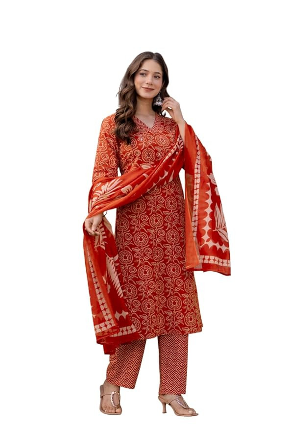 Rangnavi Women's Pure Cotton Printed Straight Kurta with Pants and Dupatta Set | Ethnic Set | Suit Set | Kurta Set