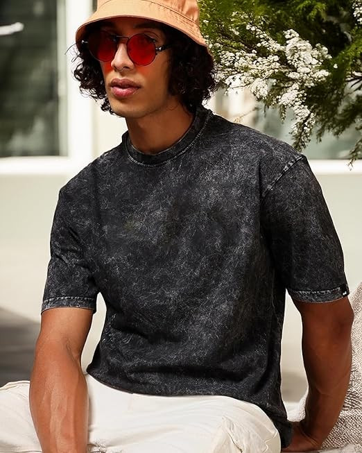 boffi ... 100% Cotton Oversized T-Shirt Unisex Drop Shoulder Dye Washed Street Look Black Pack of 1