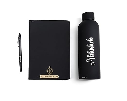 AICA Personalized Name & Charm Diary Pen & Bottle 3pcs Combo Gift Set for Men & Women (Black)|Customized Corporate Office Farewell Birthday Secret Santa Gifts for Employees|Christmas Gifts Men & Women