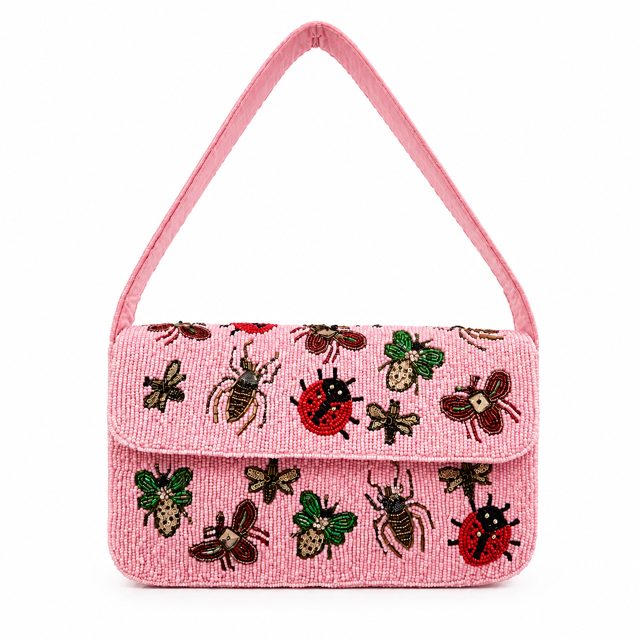 Luxury Handmade Pink Beaded Shoulder Bag for Women | Designer Bug Embroidery Party Purse | Premium Handcrafted Statement Handbag