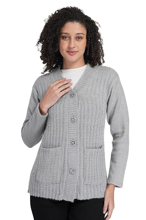 MANRA Women's Woolen V-Neck Buttoned Full Sleeve Cardigan Self Design Soft Wool Fabric Winter Wear Pure Wool Sweater Fully Warm with Front Pockets Stylish Cardigan