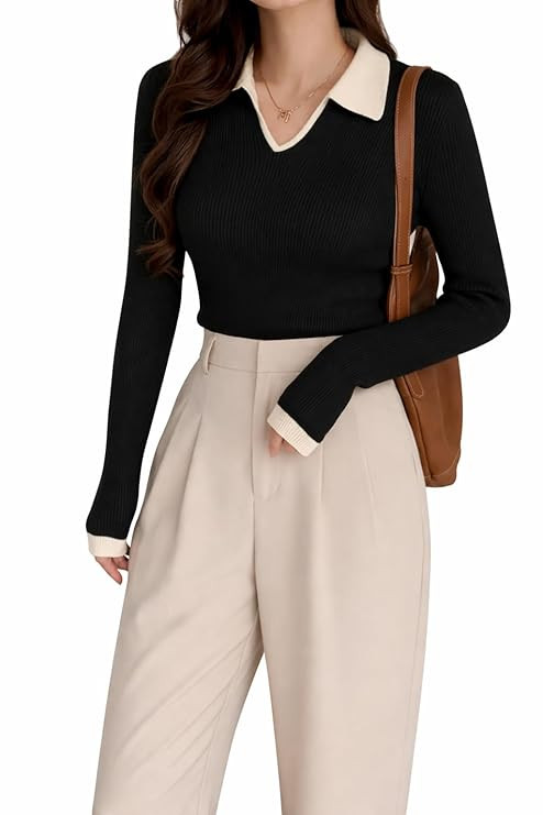 Women's Ribbed Knit Sweater with Contrast Collar, Black and White, Long Sleeve V-Neck Top