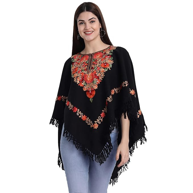Zamour Kashmiri Women's Wool Poncho Shrug Top Embroidery with Silk Lining