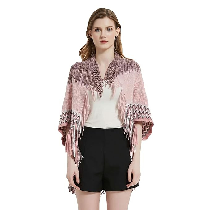 Bold N Elegant Winter Woolen Shawl Collar Warm Open Front Poncho Cardigan Shrug Style Wrap with Tassel Fringe Hem and Sleeves for Women