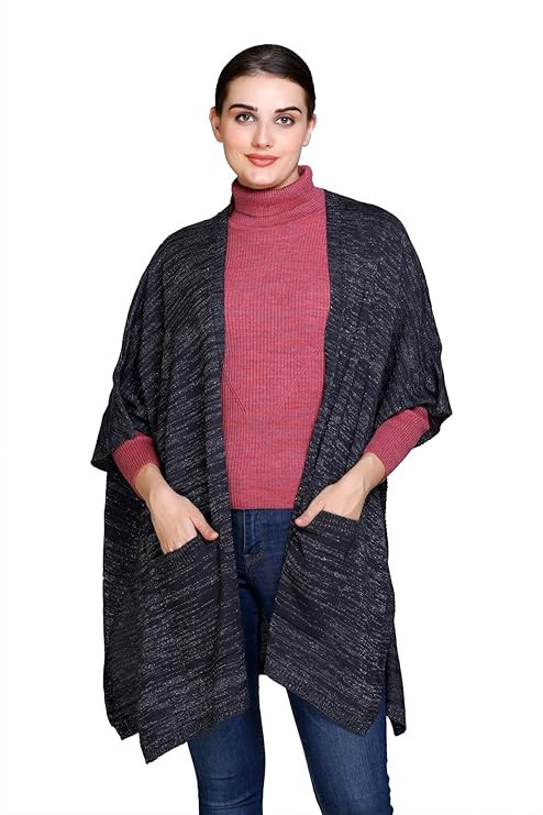 513 Women Girls Acrylic Winter Wear Self Design Knitted Open Front Kimono Shrug Wrap Poncho Cape with Front Pockets