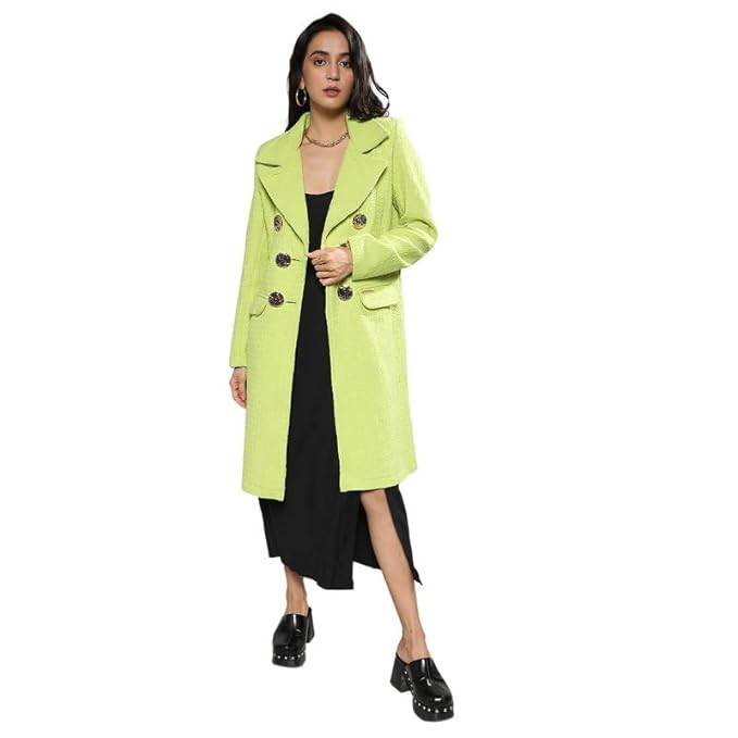Campus Sutra Women's Long Coat With Faux Fur Neck For Casual Wear | Shawl Collar | Long Sleeve | Button Closure | Long Coat Crafted With Comfort Fit For Everyday Wear
