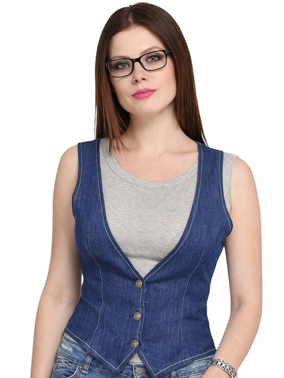 Cottinfab Women Solid Denim Waistcoat