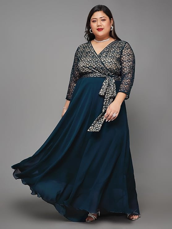 Miss Chase A+ Women's Floral Printed Relaxed Fit V -Neck 3/4Th Sleeve Georgette Maxi Dress