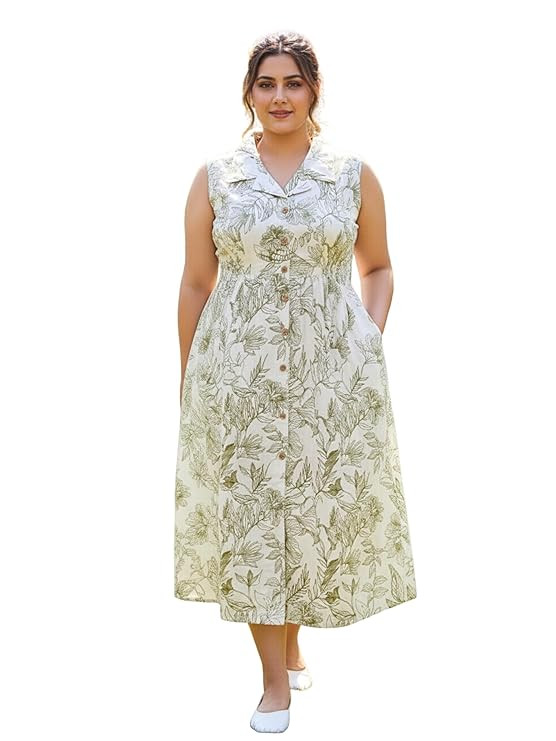 Indietoga Women Plus Size Floral Print Cotton Midi A-line Dress