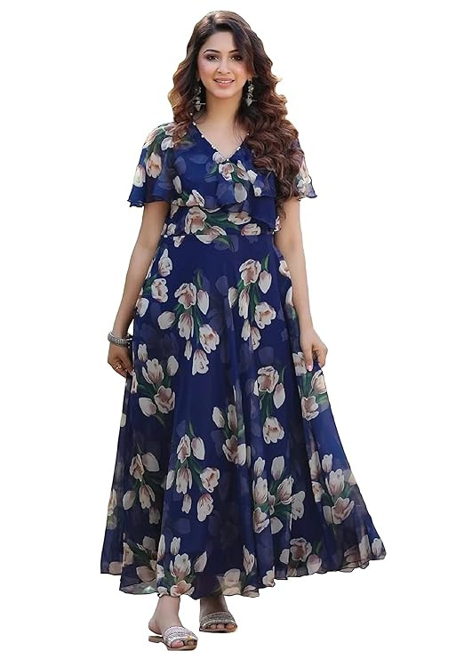 Shasmi Women's Dress | Flare Straight, Maxi Gown | Ankle Length | Short Sleeves | Butterfly Sleeves Style| Casual| Party | Wedding | Festival | Formal (Maxi Gown)