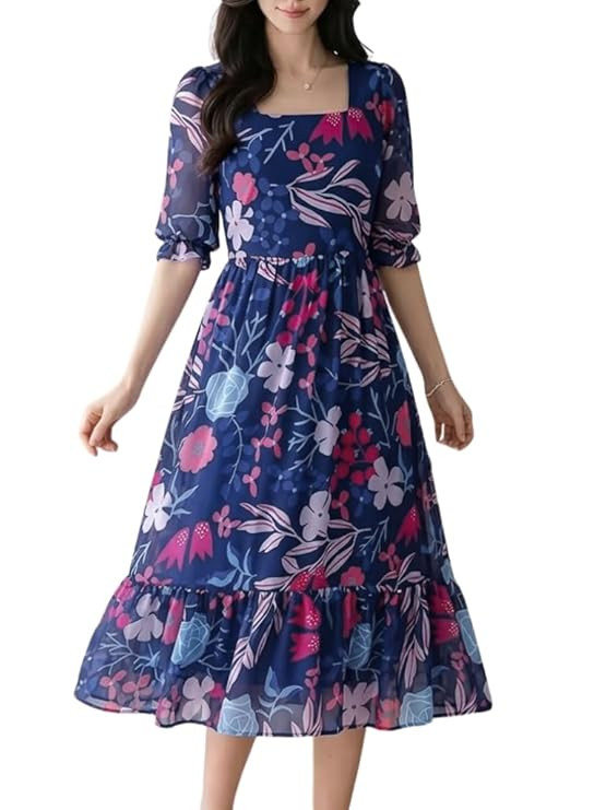 SMOWKLY Women's Georgette Floral Printed Western Gown || Half Sleeve V Neck Fit & Flare Flared Hem Design || A-Line Maxi Dress Casual Wear