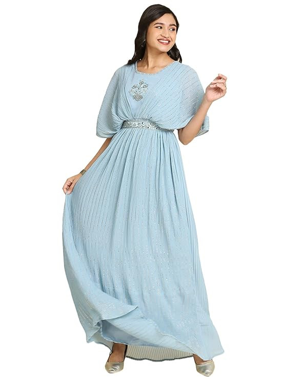 madhuram Women's Long Gown for Solid Georgette with Heavy Embroidery and Hand Work Belt with Round Neck Gown(M-2408)