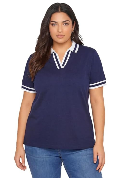 Wear Your Opinion Plus Size Women Polo V Neck Stripe Collar Tshirt Top | Half Sleeve