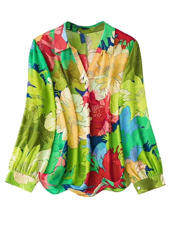 Leriya Fashion Women Floral Printed Shirt Casual Loose Fit Summer Top V Neck Button Down Blouse Lightweight Long Sleeve Stylish Beach Vacation Wear Trendy Western Top