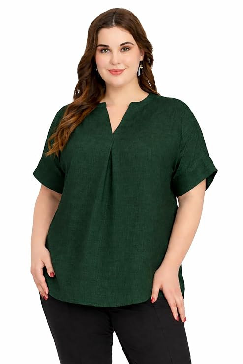 SINDOORI Relaxed Fit Tops for Women Plus Size Solid Printed Mandarin Collar, Band Collar, V-Neck Top, Half Sleeve Loose Fit