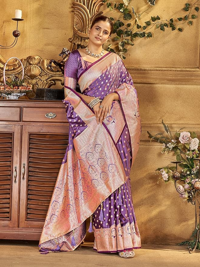 Mehrang Women's Banarasi Silk Kanjivaram Saree For Wedding With Pure Zari Work, Woven Design, With Unstitched Blouse Piece