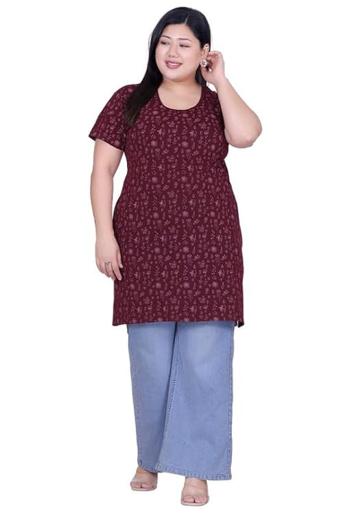 Women's Plus Size Cotton Top Half-Sleeve All Over Printed with Pocket