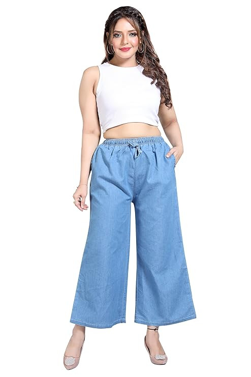 BENKILS Women's Denim Cotton Blend Mid RIS Regular Fit Palazzo Pants -