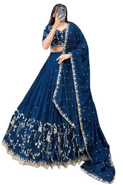 Suppar Sleave Women's Embroidered Vichitra Silk Lehenga Choli Dupatta Set Semi-Stitched Blouse and Fit & Flare Style