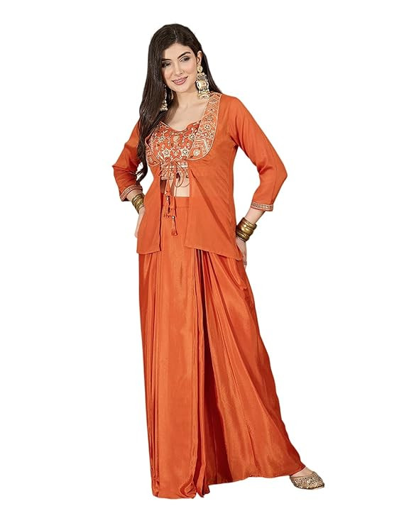 SheWill Poly Chinon Zari Sequence Embroidered Choli With Dhoti Style Skirt And Shrug – Modern ensemble with shimmer accents and graceful drape