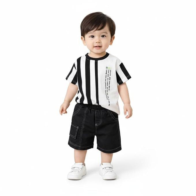Baby Boys Black Striped Polo T-Shirt & Denim Shorts Set | Cute Character Printed Kids Summer Outfit | Toddler Casual Clothing Set
