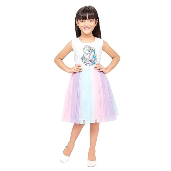 Doodle Unicorn Dress for Girls | Breathable Kids Frock & Dresses | Western Frocks with Waist Tie & Back Zip | Sleeveless & Knee Length (White with Rainbow Flare | 3 to 10 Years)